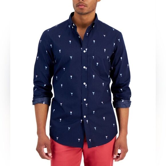 🔸️NWT Club Room Blue Drink Up Cocktail Print Long Sleeve Shirt Men's XLarge